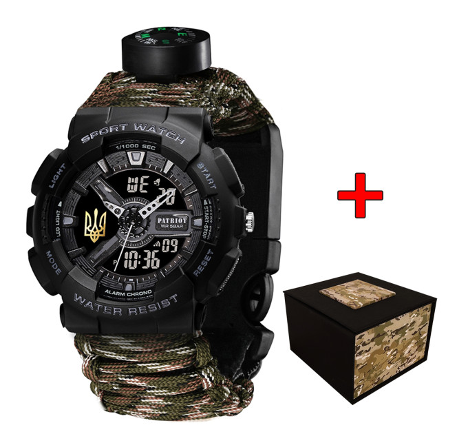 Patriot 005 Тризуб золото Чорний Паракордовий ремінець Camo Green + Коробка