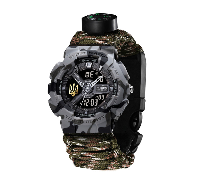 Patriot 005 Тризуб золото Сірий камуфляж Паракордовий ремінець Camo Green+Коробка