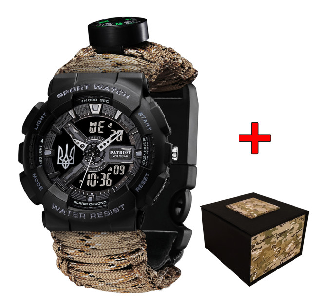 Patriot 005 Тризуб срібло Чорний Паракордовий ремінець Desert Camo + Коробка