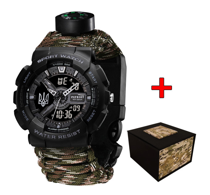 Patriot 005 Тризуб срібло Чорний Паракордовий ремінець Camo Green + Коробка.