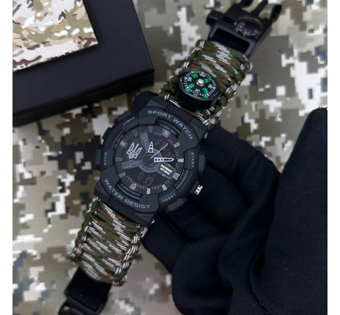Patriot 005 Тризуб срібло Чорний Паракордовий ремінець Camo Green + Коробка.