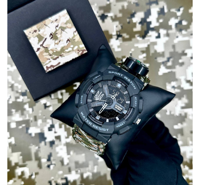 Patriot 005 Тризуб срібло Чорний Паракордовий ремінець Camo Green + Коробка.