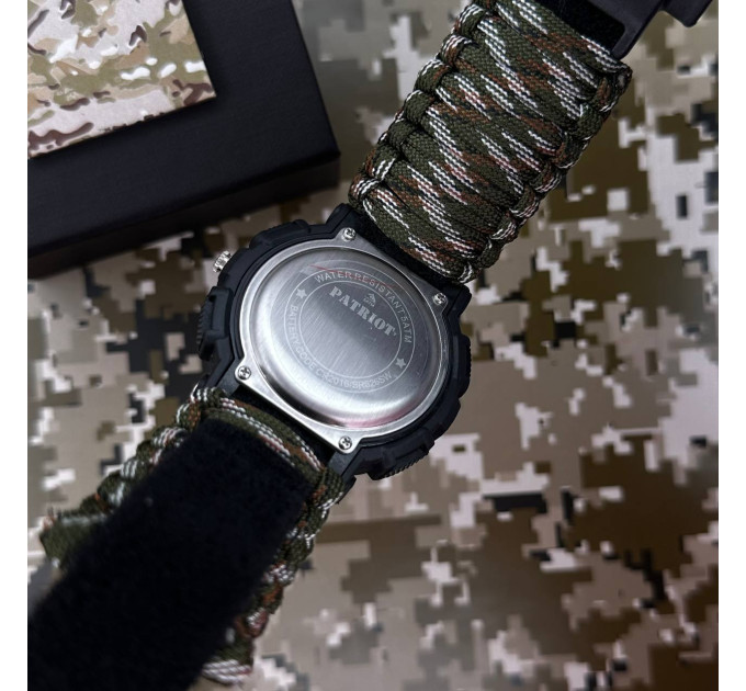 Patriot 005 Тризуб срібло Чорний Паракордовий ремінець Camo Green + Коробка.