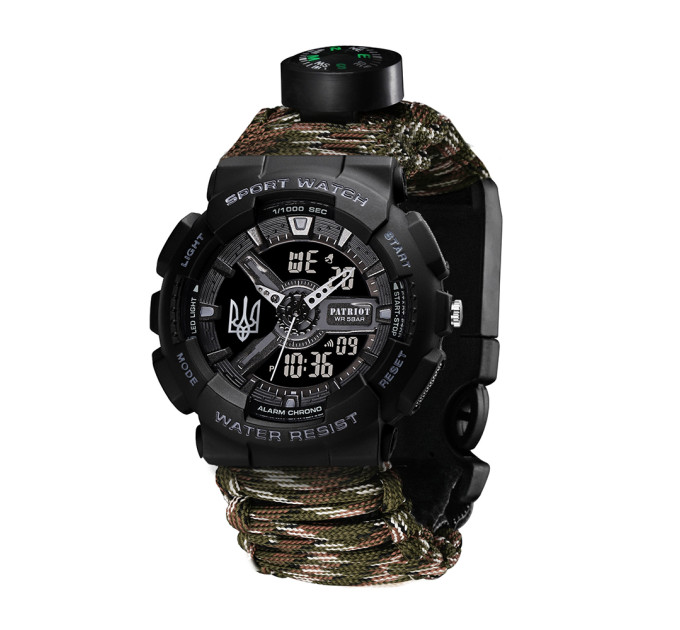 Patriot 005 Тризуб срібло Чорний Паракордовий ремінець Camo Green + Коробка.