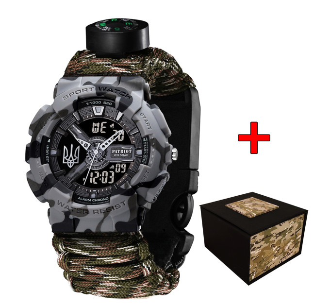 Patriot 005 Тризуб срібло Сірий камуфляж Паракордовий ремінець Camo Green + Коробк