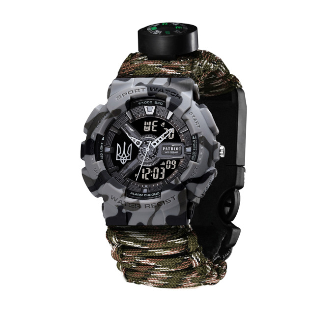 Patriot 005 Тризуб срібло Сірий камуфляж Паракордовий ремінець Camo Green + Коробк