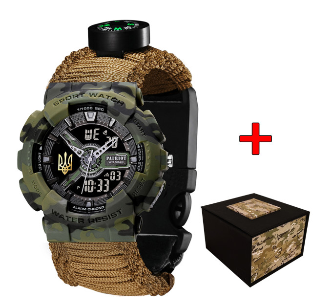 Patriot 005 Тризуб золото Camo Green Паракордовий ремінець Khaki + Коробка.