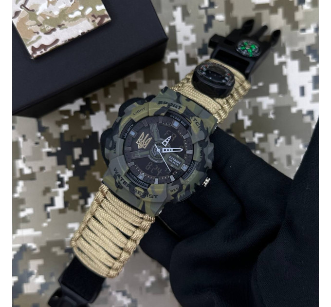 Patriot 005 Тризуб золото Camo Green Паракордовий ремінець Khaki + Коробка.