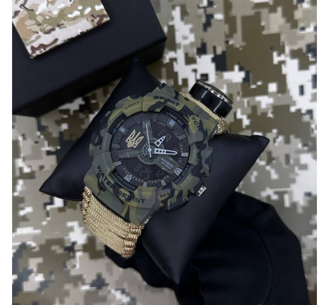 Patriot 005 Тризуб золото Camo Green Паракордовий ремінець Khaki + Коробка.