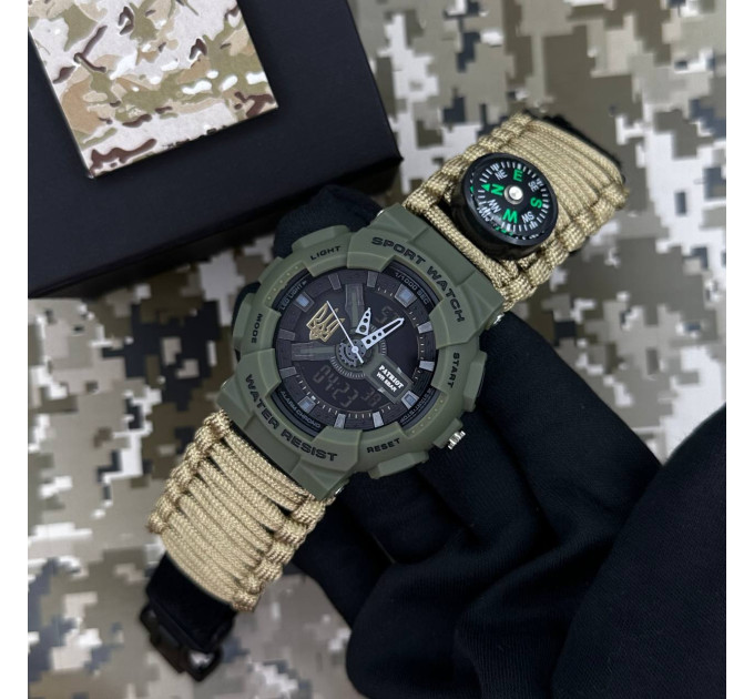 Patriot 005 Тризуб золото Army Green Паракордовий ремінець Khaki + Коробка.