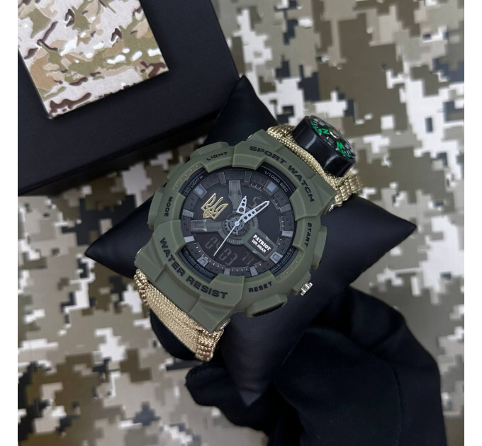 Patriot 005 Тризуб золото Army Green Паракордовий ремінець Khaki + Коробка.