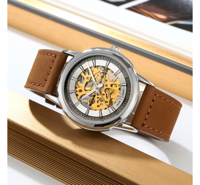 Skmei M035LSIDKBN Silver-Dark Brown Leather