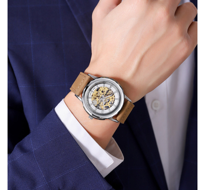 Skmei M035LSIDKBN Silver-Dark Brown Leather