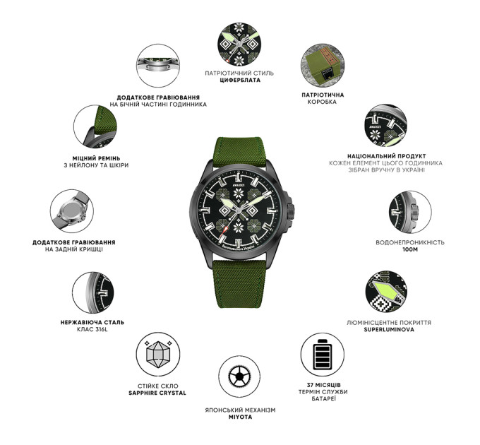 Awarder Embroidery Silver-Green Khaki Battery 10ATM