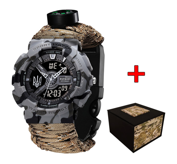 Patriot 005 Тризуб срібло Сірий камуфляж Паракордовий ремінець Desert Camo + Короб