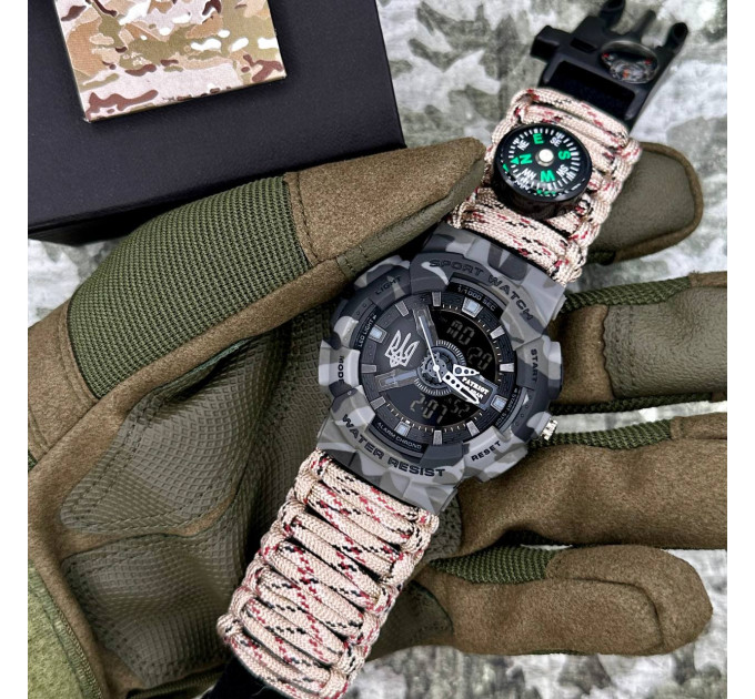 Patriot 005 Тризуб срібло Сірий камуфляж Паракордовий ремінець Desert Camo + Короб
