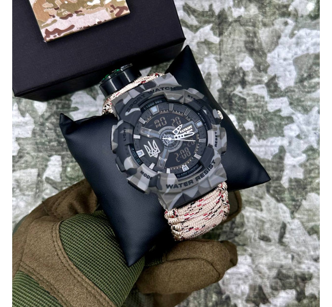 Patriot 005 Тризуб срібло Сірий камуфляж Паракордовий ремінець Desert Camo + Короб