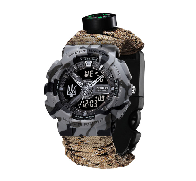 Patriot 005 Тризуб срібло Сірий камуфляж Паракордовий ремінець Desert Camo + Короб