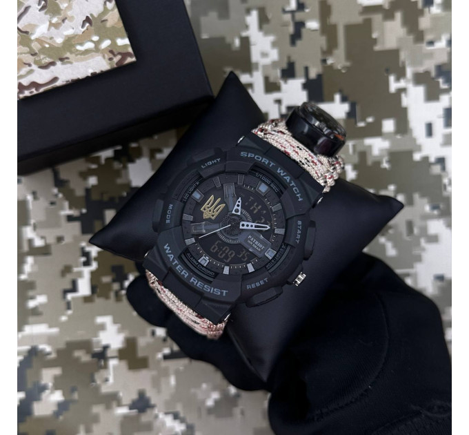 Patriot 005 Тризуб золото Чорний Паракордовий ремінець Desert Camo + Коробка
