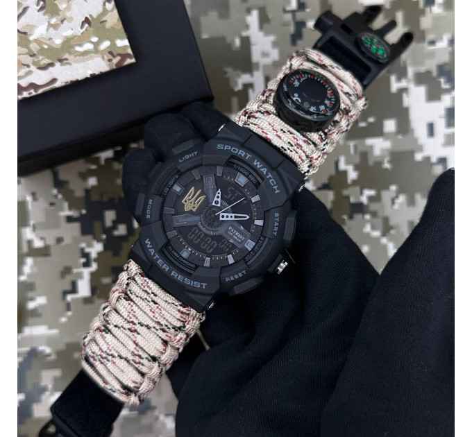 Patriot 005 Тризуб золото Чорний Паракордовий ремінець Desert Camo + Коробка